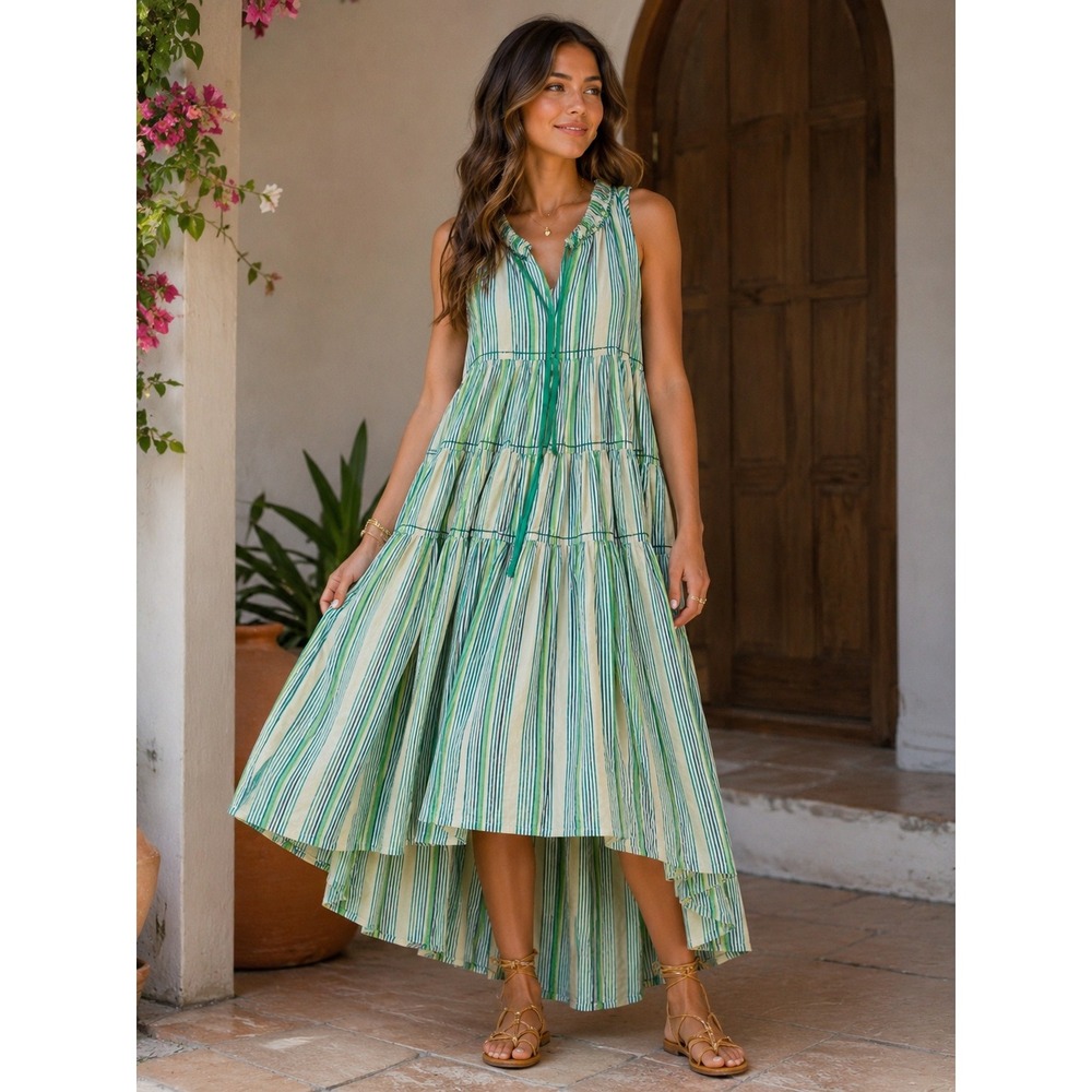 Ro's Garden Sasha‎ Dress Nina Stripe Size XS Cotton Hi-Lo Midi